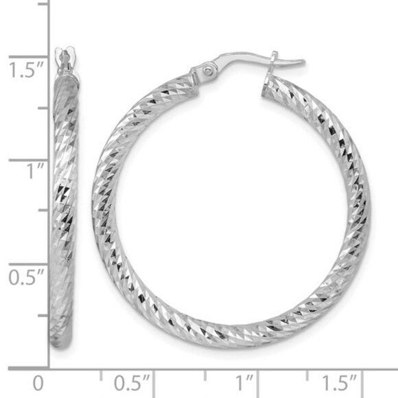 Herco 14k White gold diamond-cut and twisted 3.0 round hoop Earrings, RH Plated - Picture 2 of 5